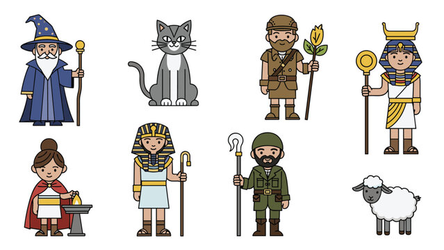 Collection of diverse fantasy characters and animals including a wizard, cat, explorer, pharaoh, goddess, and sheep in pixel art style.