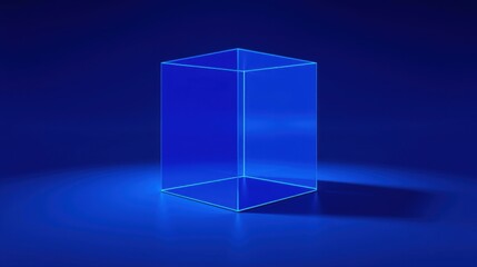 Fototapeta premium Glowing blue cube sits center stage. Dark background emphasizes luminosity, creating dramatic visual effect. Simple geometry, modern aesthetic.