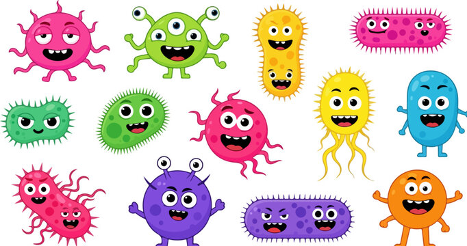 Cute cartoon bacteria characters set, friendly colorful microbe monsters collection, funny germ and virus icons for educational health design