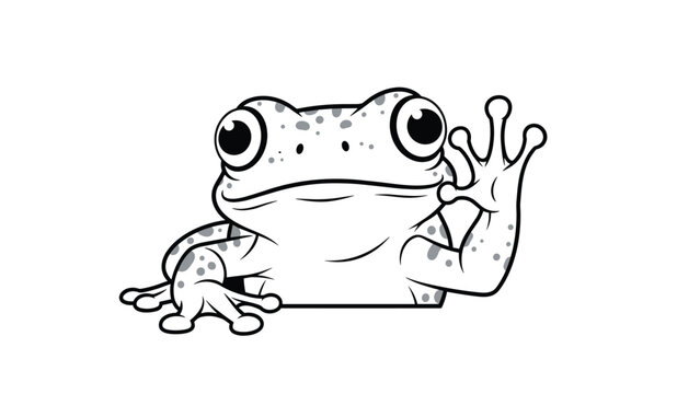 Cute cartoon tree frog peeking over an edge with one hand raised in a waving gesture black and white illustration.