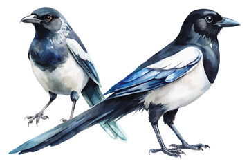 Obraz premium Watercolor Magpie Clipart, Elegant Black and White Bird Illustration, Isolated on White