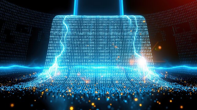 Digital human head composed binary code. Futuristic concept representing data, security, artificial intelligence. Glowing blue effect dominates image.
