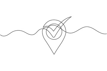 Location Pin with Check Mark Continuous One Line Drawing Simple Minimal Tick Icon Outline Vector Illustration © Sopon