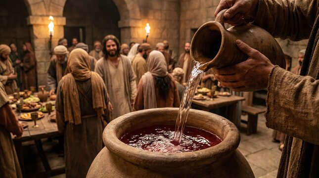 Inspirational scene jesus transforms water to wine at an ancient wedding