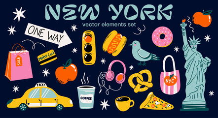 New York city aesthetic vector sticker elements set with illustration of NYC landmarks, Statue of Liberty, taxi, food and urban lifestyle icons for travel blog, poster design, branding © WeirdyTales