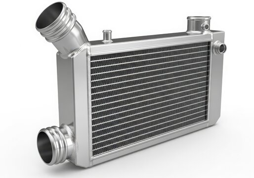 A close-up view of a car intercooler with a silver finish and intricate core design.