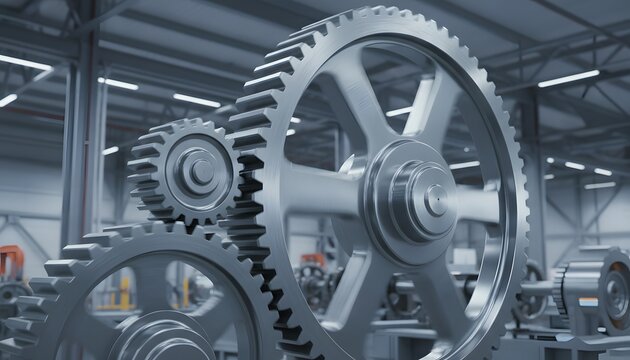 Close-up of industrial machinery with large metal gears in a factory setting, highlighting precision engineering and manufacturing processes