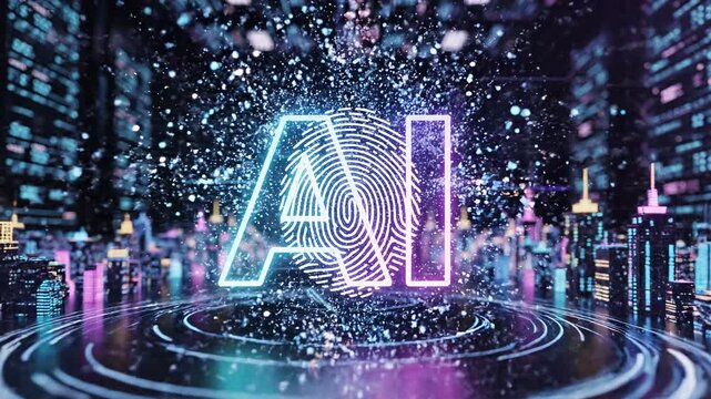 Futuristic animated ai text logo in photorealistic 3d render with neon glow 4k video