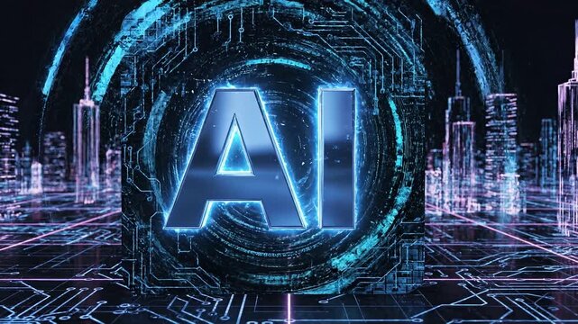 Futuristic ai text logo animation with glowing blue lights in tech inspired environment 4k video