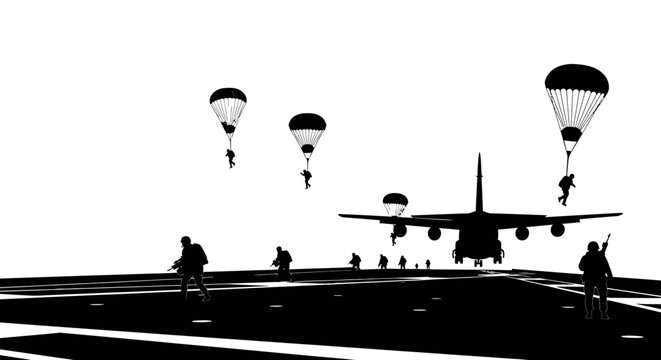 Military Paratroopers Jumping from Plane onto Landing Zone