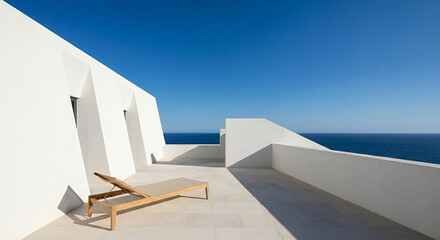 Obraz premium A minimalist white terrace with a wooden lounge chair overlooks the deep blue sea under a clear sky.