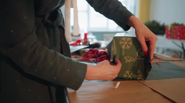 Closeup female hands tying Christmas present with red ribbon and glowing fairy lights, green patterned paper on table, careful bow tying and gentle knotting, windowsill with wrapped boxes