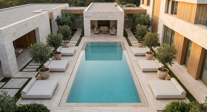 A luxurious modern villa with a swimming pool and lounge chairs, surrounded by trees and greenery, bathed in the warm glow of sunset.