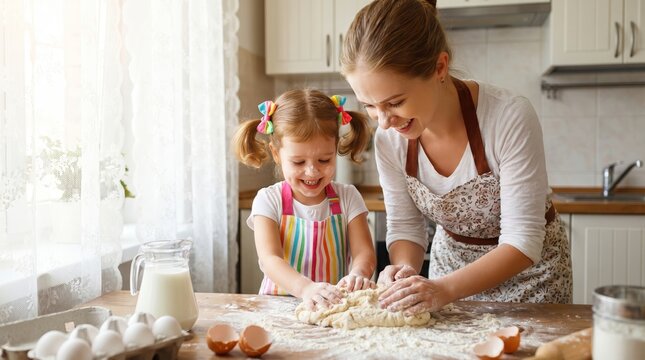 Baking together mother and daughter create memories in family kitchen