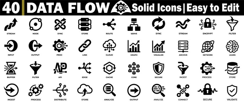 Data flow line art icons set. Representing information stream transfer and network connections for digital technology concepts, processing, and analysis vector illustration.