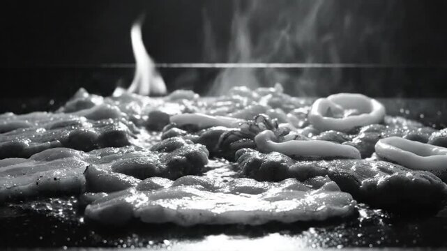 Black and white close up of various foods cooking on a hot griddle with steam rising