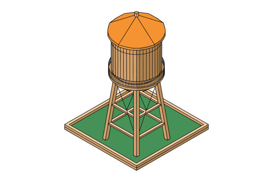 Wooden water tower on a green square base.