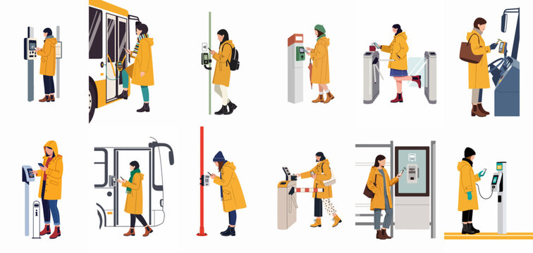 Illustrations of women in yellow coats using contactless mobile payment and NFC technology for public transportation, bus, train, subway, and various commuting services.