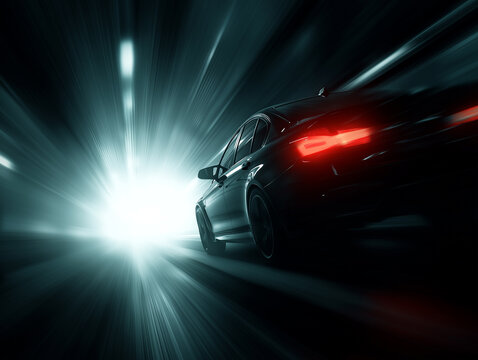 Futuristic car driving in tunnel speed motion light