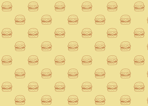 A burger illustration pattern with brown outline and cream background, food packaging, menu illustration	
