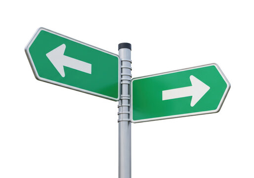 Two green road signs with arrows pointing in opposite directions isolated on transparent background