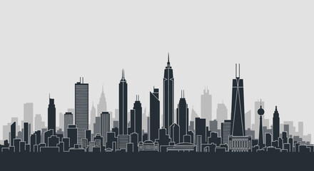 Obraz premium Modern City Skyline Silhouette at Dusk, Urban Landscape with Tall Buildings and Skyscrapers