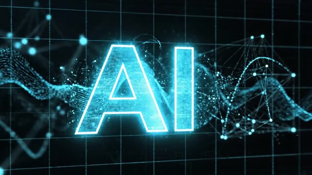Glowing ai text logo animation in a dynamic futuristic grid with vibrant blue lighting 4k video