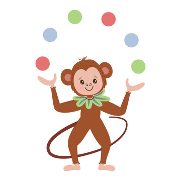 Adorable brown monkey character juggling six colorful balls. Flat vector illustration of a performing circus animal with a green collar, isolated on white background.