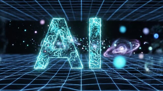 Futuristic animated ai text logo in metallic chrome with glowing digital effects 4k video