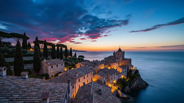 Time-lapse of the Italian coastal town Tellaro during sunset with dynamic cloud formations in the sky