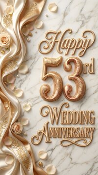 Soft Luxury Happy 53rd Wedding Anniversary Typography with Satin Fabric and Floral Accents on Marble Background