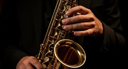 Obraz premium Saxophonist playing gold saxophone on stage. Close up of musician hand on instrument keys. Professional jazz performance during live concert. Emotional melody in dark club atmosphere.