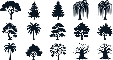 Fototapeta premium Variety of tree silhouettes, including deciduous and evergreen species, nature.