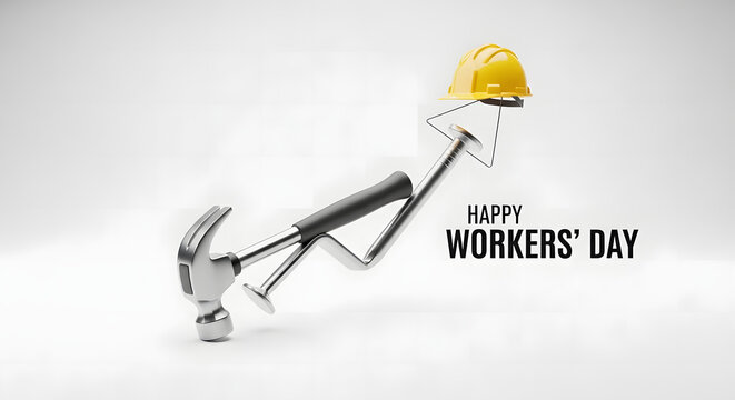Abstract hammer and hard hat concept for international workers day celebration on light background