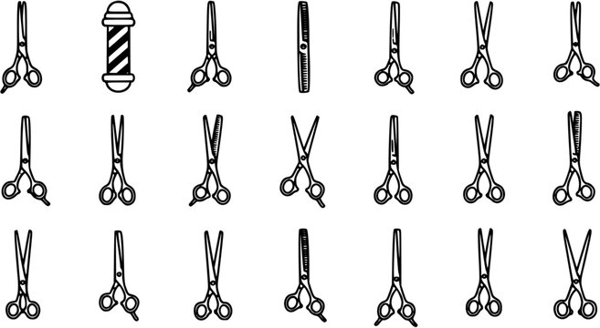 Hairdressing  Barbershop Tools Outline Icon Set. Hand-Drawn Black and White Line Art Collection of Scissors, Hair Shears, and Barber Pole.