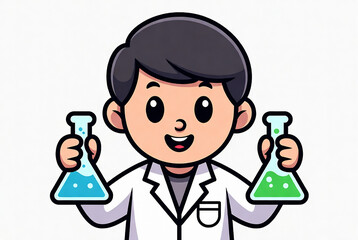 Naklejka premium A cartoon boy scientist is holding two beakers. He’s smiling and appears to be conducting an experiment in a laboratory setting.