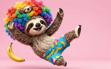 Fototapeta premium Joyful sloth leaps mid-air with rainbow afro and banana shorts