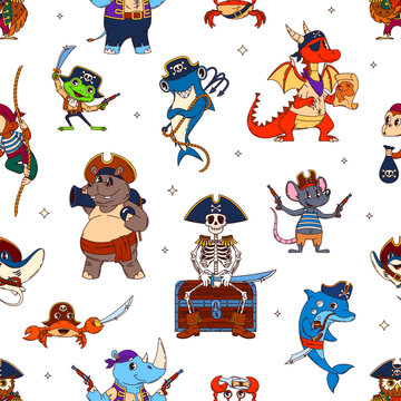 Seamless pattern of animal pirate and corsair ship crew characters. Cute hippopotamus, frog, skeleton, mouse, dolphin, crab, hammerhead fish, monkey, rhinoceros, dragon personage for kids textile