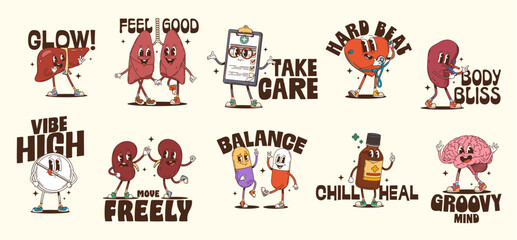 Obraz premium Medicine and healthcare funky y2k groovy hippie characters stickers. Retro vector liver, lungs, heart, doctor prescription pad, kidney, pill, syrup bottle and brain. Funky stickers