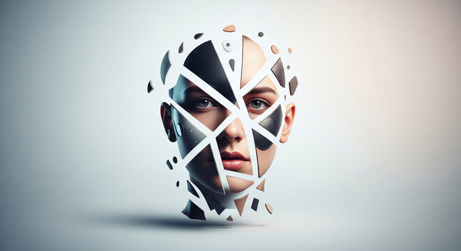 Abstract fragmented face with geometric patterns, representing identity crisis and digital transformation, conceptual art