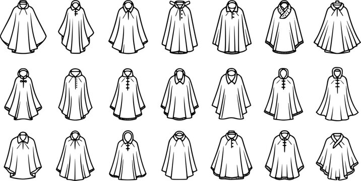 Fashion Apparel Industry Black and White Line Art Vector Illustration Set: Diverse Cloaks, Capes, and Ponchos Designs for Outerwear
