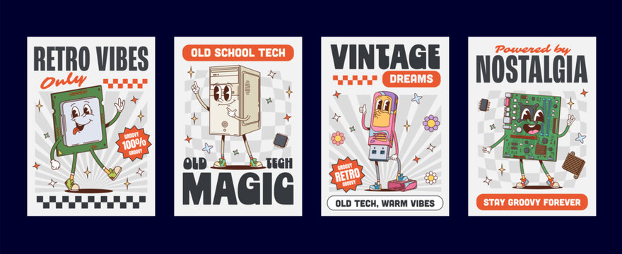 Cartoon funky groovy computer parts and sound device characters. Vector hippie desktop pc and laptop computer equipment mascots of monitor, microphone and keyboard. Retro groovy headphones, USB, mouse