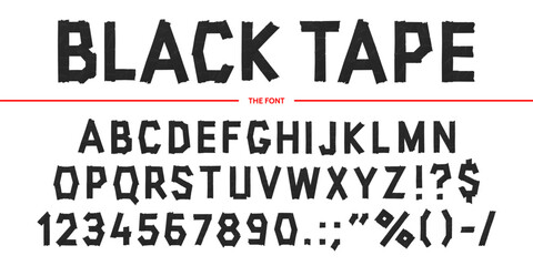 Obraz premium Black sticky tape font, adhesive duct tape typeface alphabet letters and numbers, vector typography set. Realistic wrinkled sticky black paper band font english alphabet symbols with torn edges
