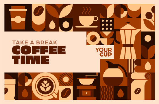 Coffee time banner with brown and beige geometric pattern featuring cup, mug, kettle pot, grinder and roasted beans with bold take a break typography on modern grid background for cafe or cafeteria