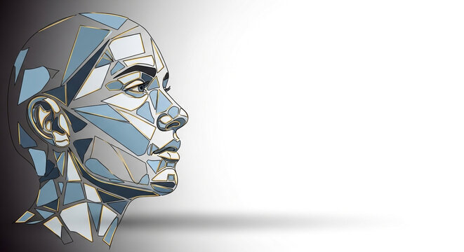 cybernetic human head in profile with metallic mosaic pattern