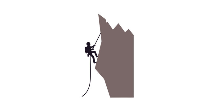 Silhouette of a climber rappelling down a steep mountain face on a white background.