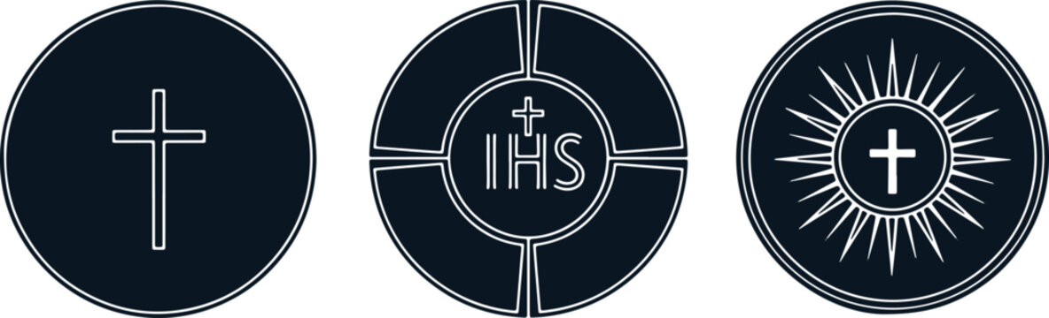 Christian religious symbols featuring holy cross and ihs monogram inside circular frames.