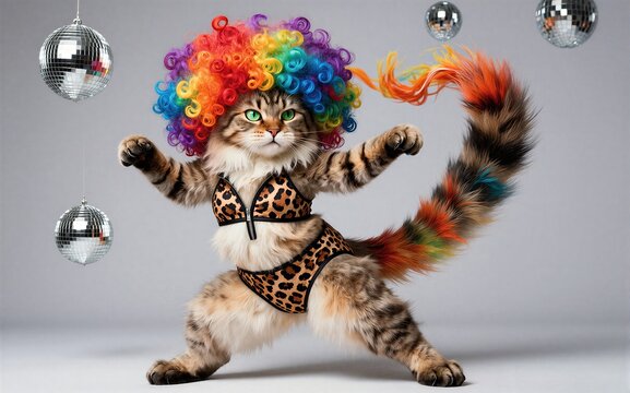 A cat in a rainbow wig and leopard bikini dances with disco balls