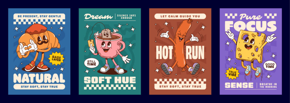 Funny breakfast groovy hippie characters posters with vector slogans stay soft, stay true, dream and silence says enough. Let calm guide you, hot run, good time, true vibe and breathe in the morning