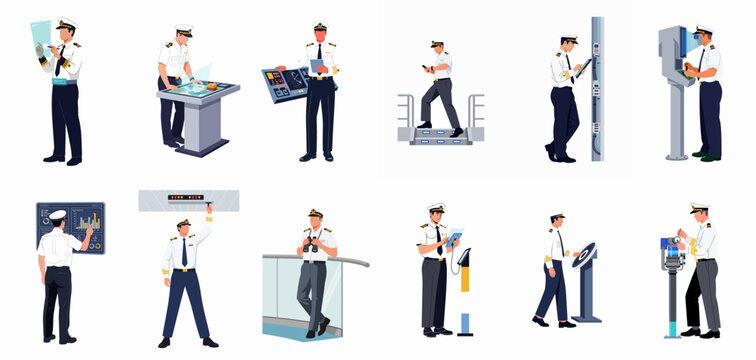 Professional ship captain using modern technology, digital tools, and maritime equipment for navigation and vessel management, set of various vector illustrations.
